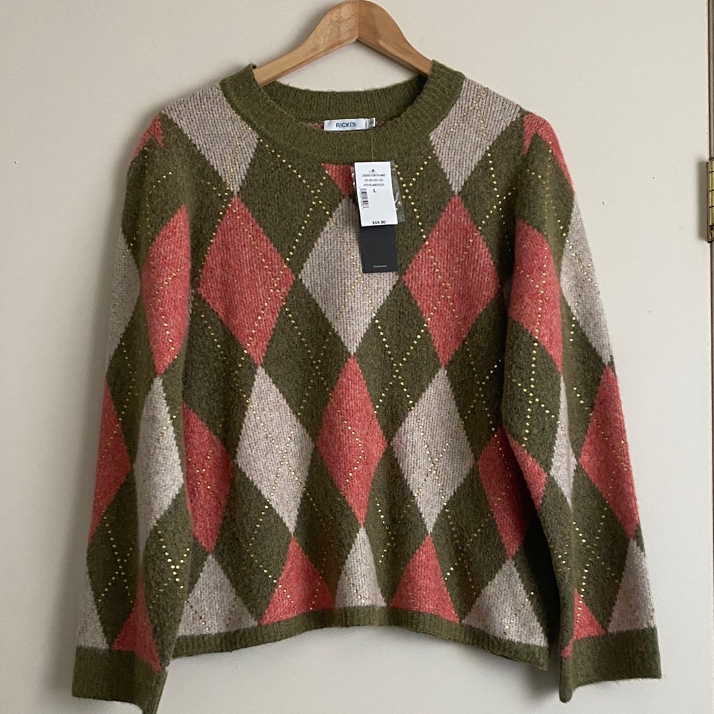 Moss Green & Coral Argyle Sweater with Metallic Stitching